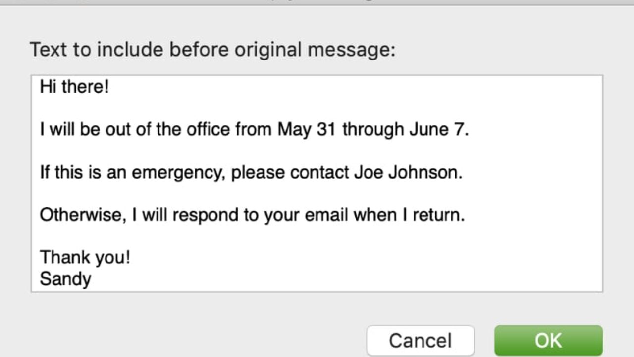 how do you turn on out of office auto reply for outlook email on a mac